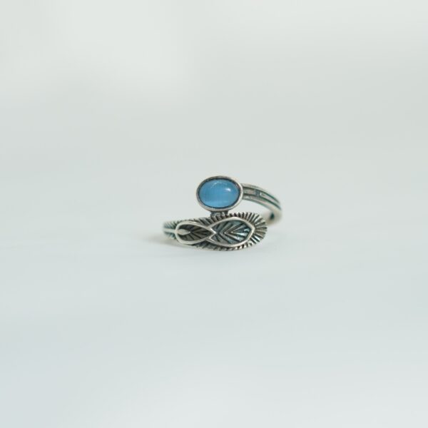 Handcrafted Adjustable Silver Ring with Blue Stone – Leaf Motif Design