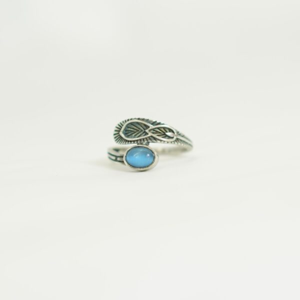 Handcrafted Adjustable Silver Ring with Blue Stone – Leaf Motif Design