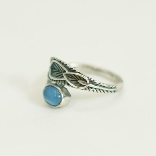 Handcrafted Adjustable Silver Ring with Blue Stone – Leaf Motif Design