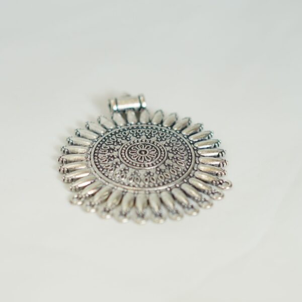 Boho Mandala Sunburst Pendant – Antique Silver Tribal Necklace Charm