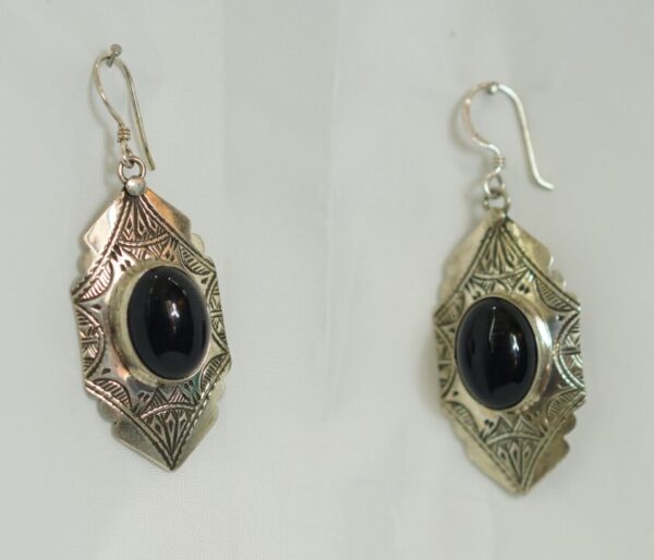 Tuareg Engraved Earrings with Black Stone – Berber Tribal Design