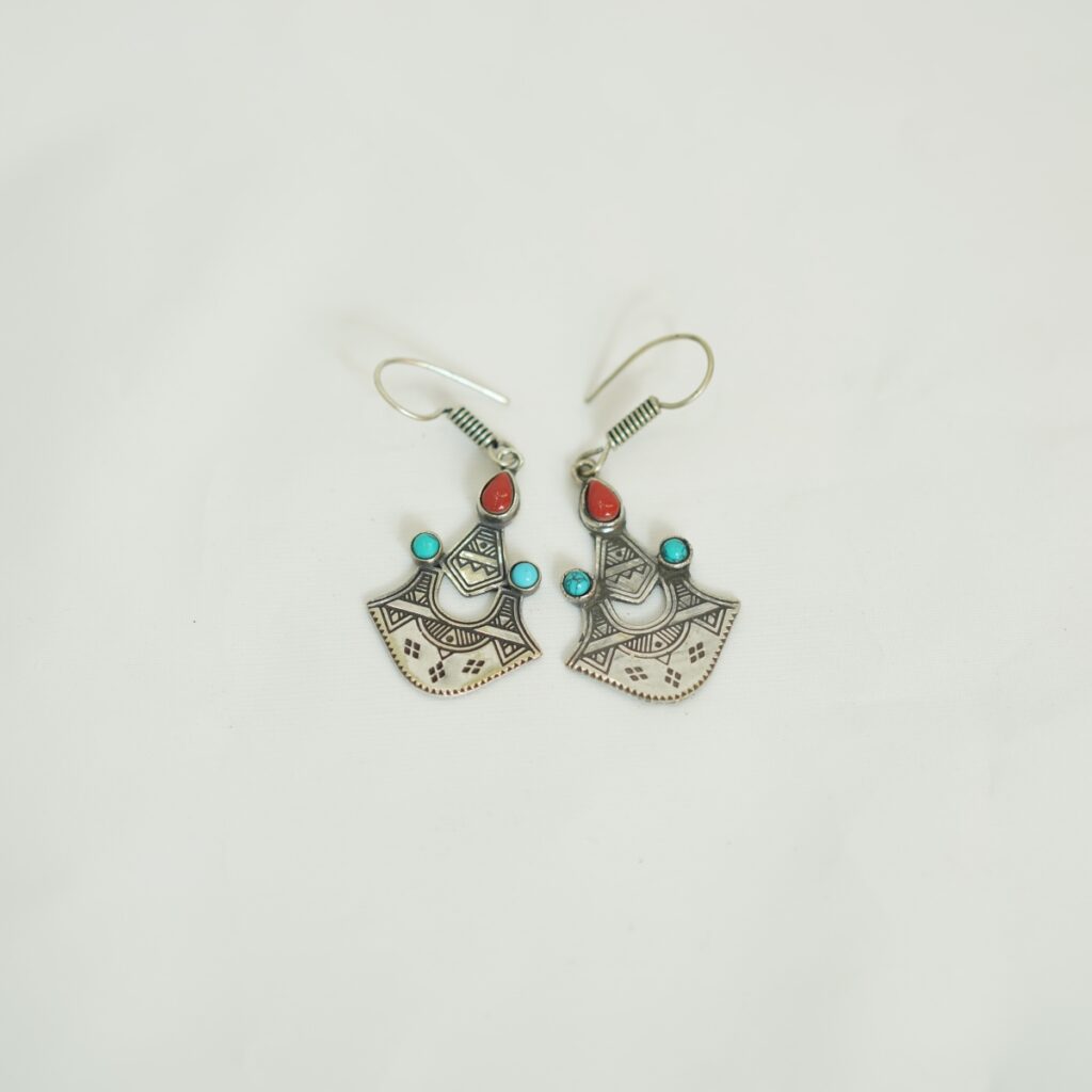 Tuareg Silver Earrings with Red & Turquoise Stones – Berber Tribal Jewelry