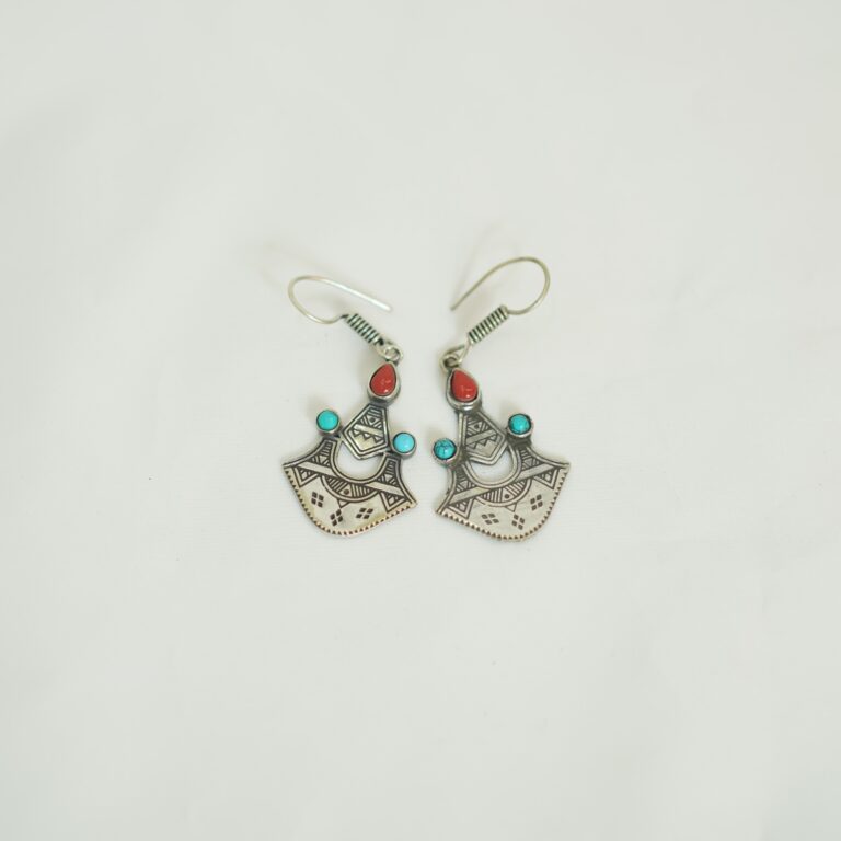 Tuareg Silver Earrings with Red & Turquoise Stones – Berber Tribal Jewelry
