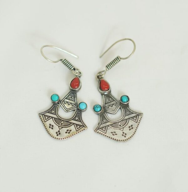 Tuareg Silver Earrings with Red & Turquoise Stones – Berber Tribal Jewelry