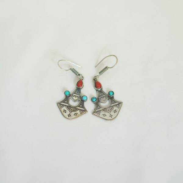 Tuareg Silver Earrings with Red & Turquoise Stones – Berber Tribal Jewelry