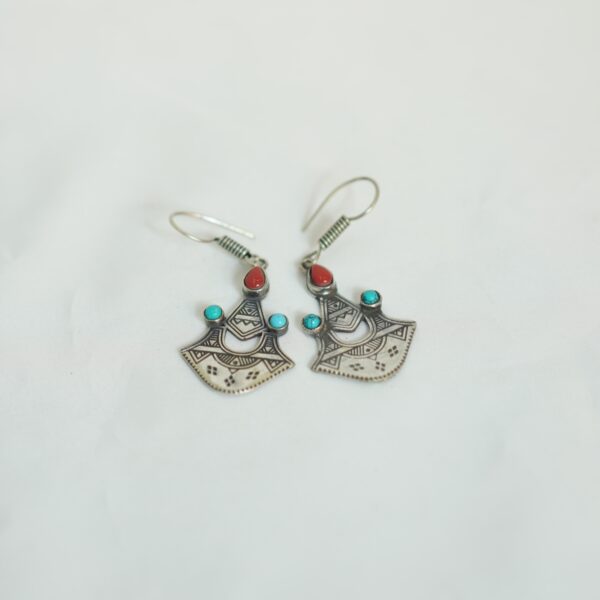 Tuareg Silver Earrings with Red & Turquoise Stones – Berber Tribal Jewelry