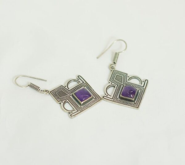 Geometric Tuareg Earrings with Purple Stone – Berber Tribal Jewelry