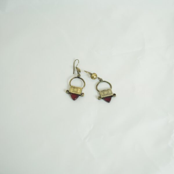 Vintage Tuareg Tribal Earrings – Brass & Red Resin Pendant