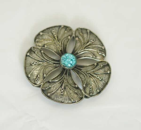 Antique Floral Mandala Pendant – Engraved Brass with Turquoise Center