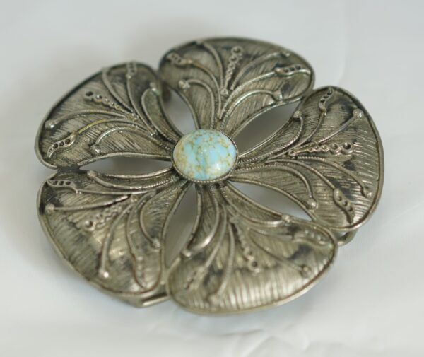 Vintage Flower Brooch – Antique Silver with Turquoise Center