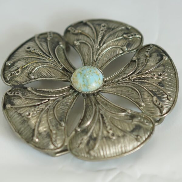 Vintage Flower Brooch – Antique Silver with Turquoise Center