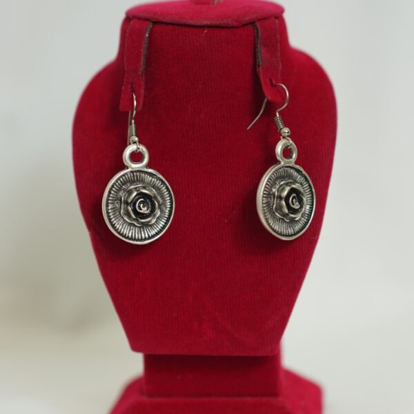 Vintage Inspired Rose Medallion Earrings – Antique Silver Look