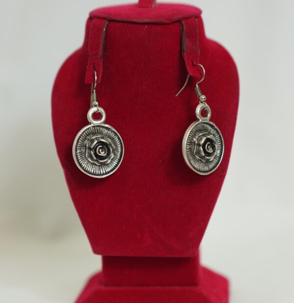 Vintage Inspired Rose Medallion Earrings – Antique Silver Look